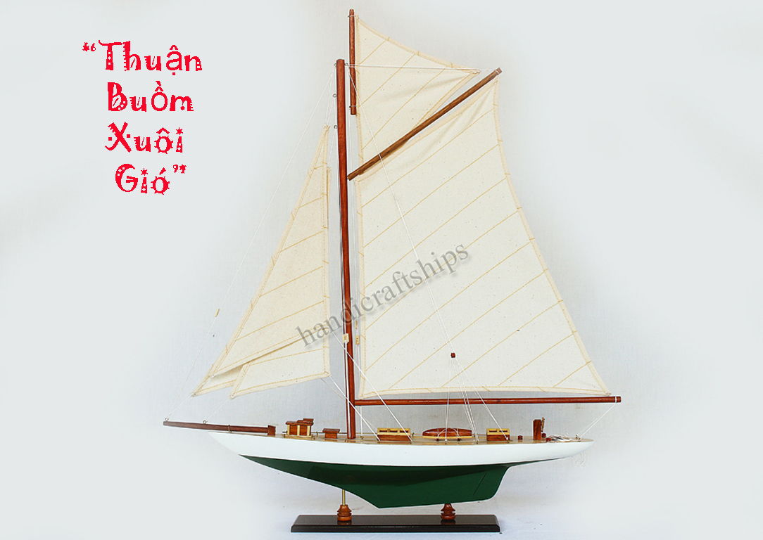 Thuyền buồm gỗ trang trí nhà cửa Columbia Trắng xanh lá 50cm