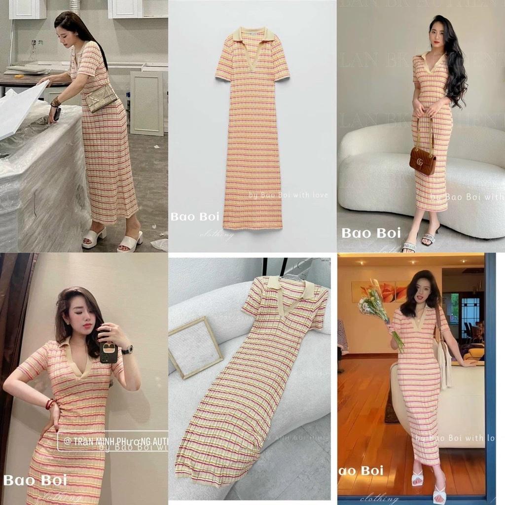 Váy maxi len kẻ ngang cổ bẻ cực hot