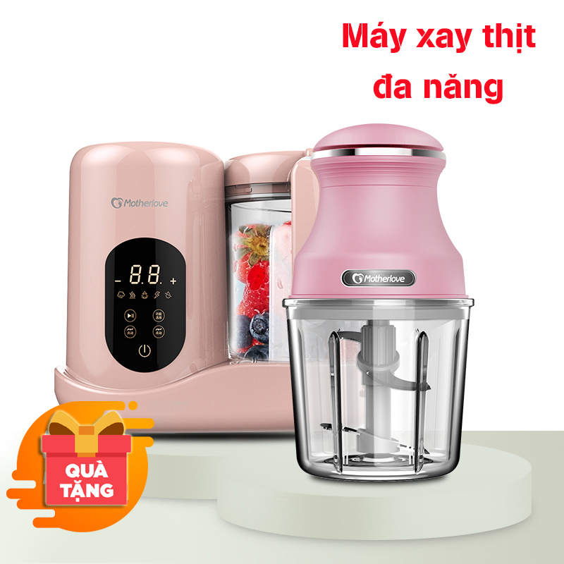 Máy xay hấp nghiền thức ăn, hâm sữa cho bé đa năng 7in1 tặng kèm máy xay đa nang nhỏ (hồng) - hàng chính hảng