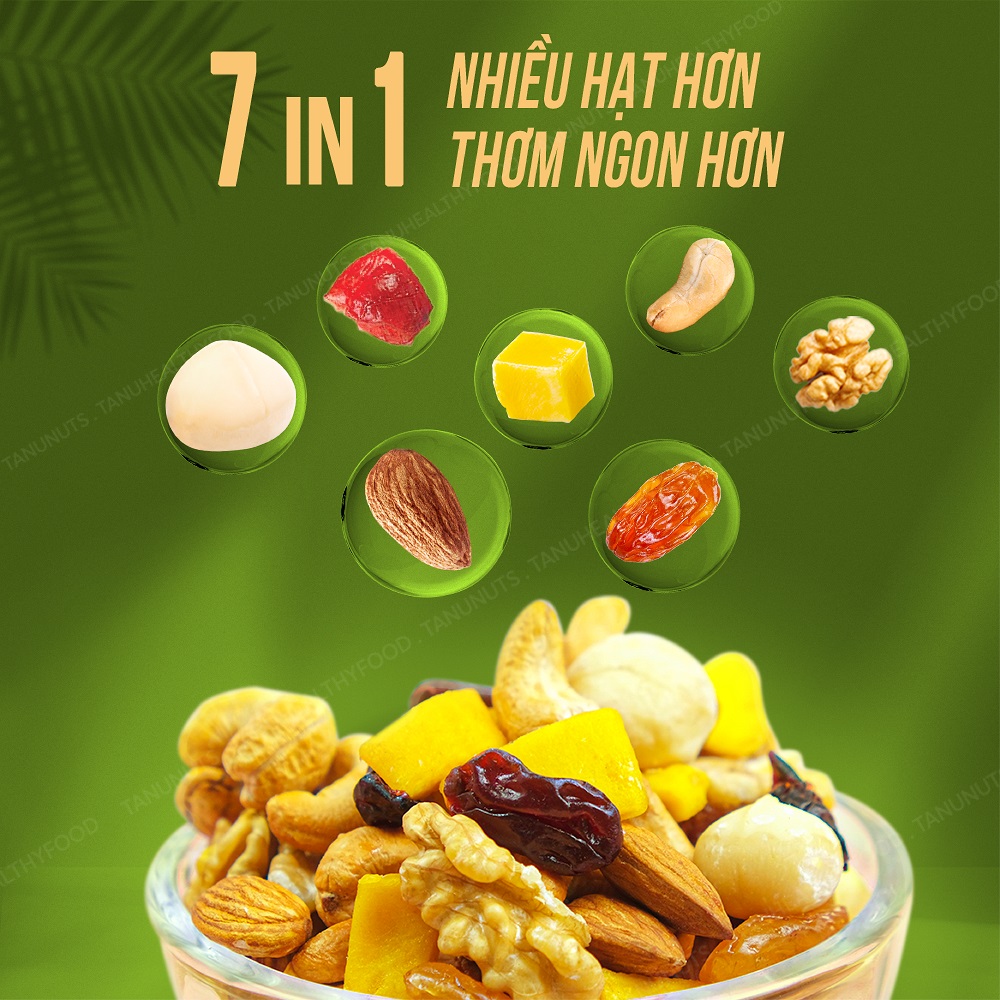 Hạt dinh dưỡng mix 7 loại TANU NUTS , hạt ngũ cốc bà bầu gồm macca, óc chó, hạnh nhân, điều, nho, xoài, việt quất