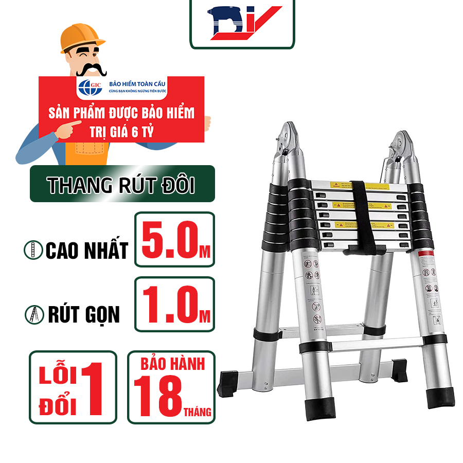 Thang nhôm rút đôi DIY TL-AI-50 chiều cao sử dụng tối đa chữ A 2.4m chữ I 5.0m - Tiêu chuẩn chất lượng an toàn Châu Âu