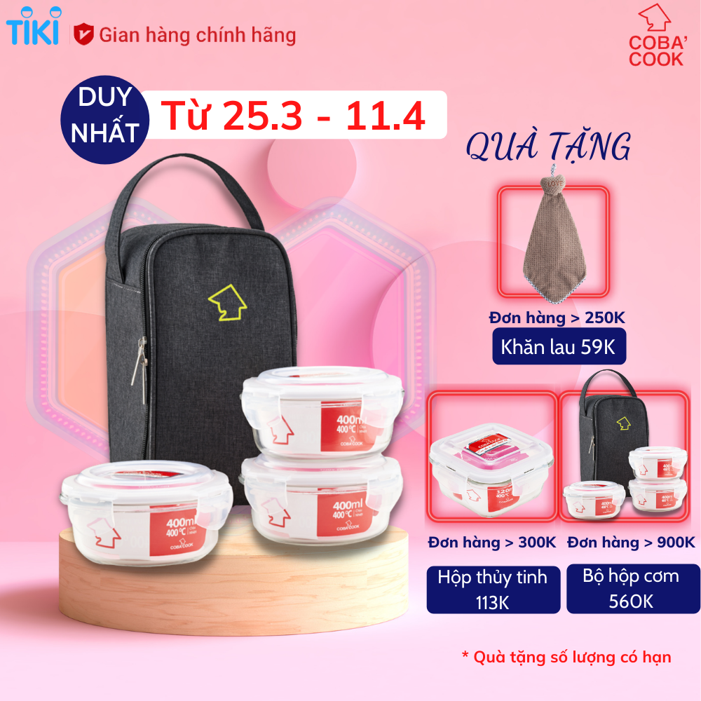 Bộ túi hộp cơm thủy tinh COBA'COOK. Gồm 3 hộp 400ml và 1 túi giữ nhiệt với 2 khóa kéo tiện dụng- CCR43BL