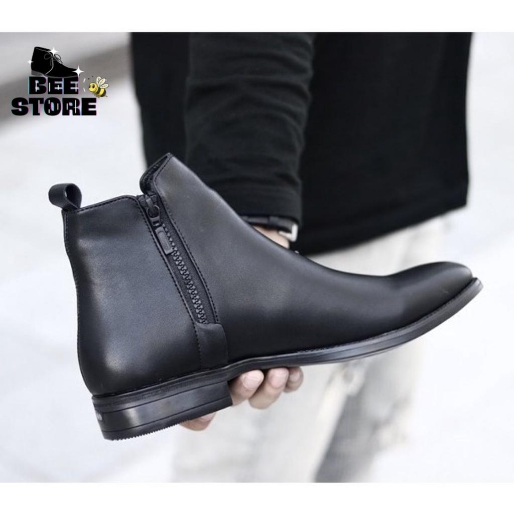 Giày Da Nam Chelsea Boots Classic Da PU, Giày Bốt nam 1 bên kéo khóa, 1 bên phối thun cá tính QB0688