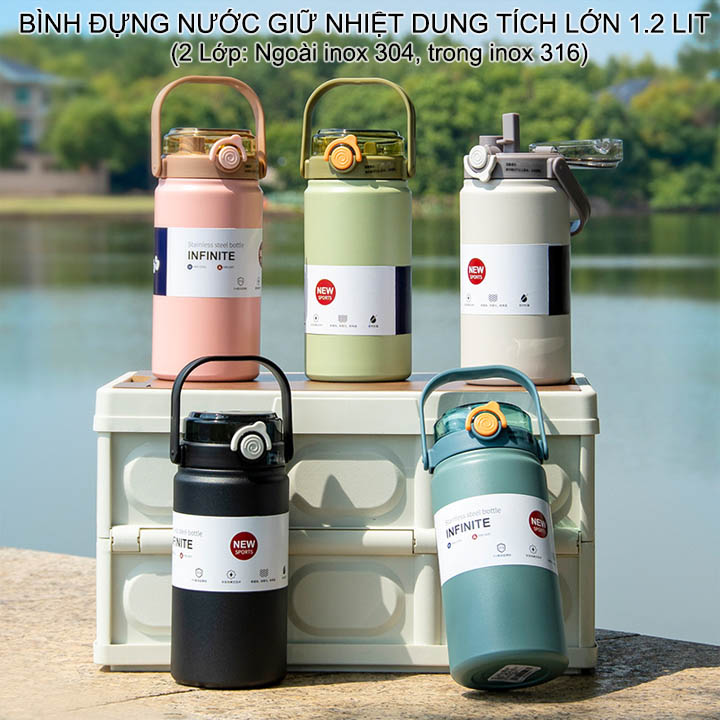 Bình đựng nước giữ nhiệt bằng inox 316 với 2 lớp giữ nhiệt 8-12 tiếng, có ống hút, dung tích 1.2 Lít