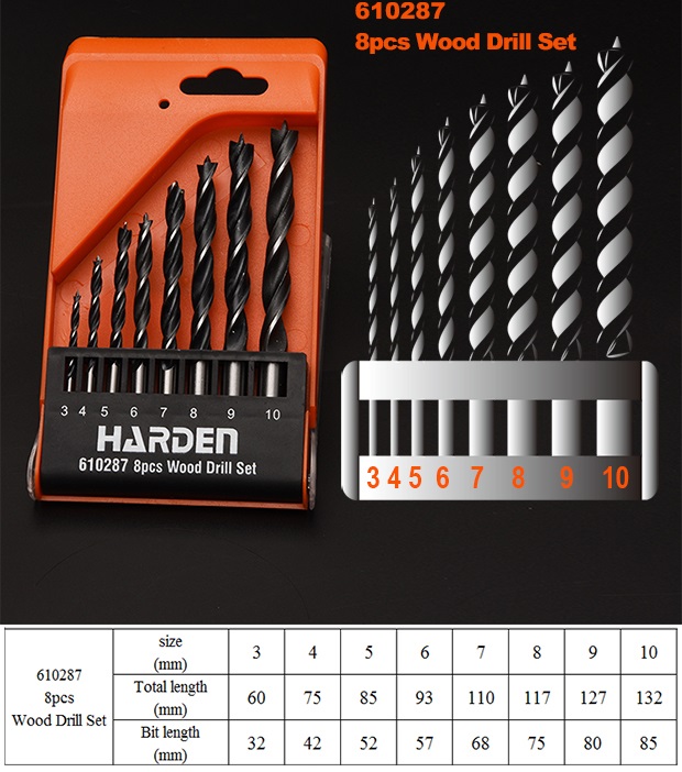 Bộ 08 Mũi Khoan Gỗ HARDEN 610287 được làm bằng chất liệu hợp kim thép carbon chuyên dụng, sản phẩm đựng trong hộp nhựa tiện lợi và chắc chắn