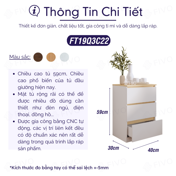 Tủ Đầu Giường Gỗ FIVO FT19 Có Hộc, Ngăn Kéo Cao Cấp, Tay Cầm Thiết Kế Thẩm Mỹ