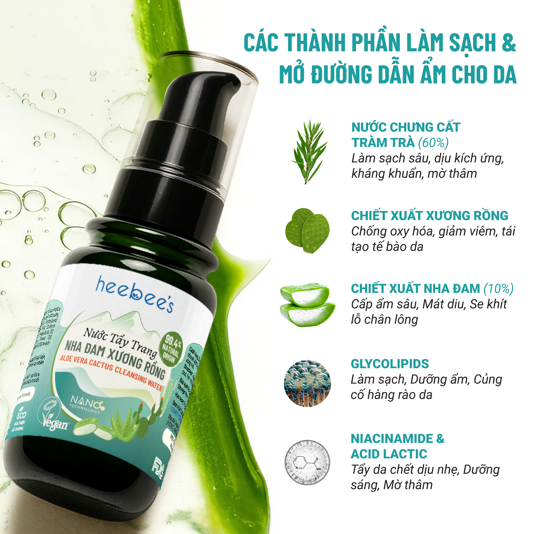 Nước Tẩy Trang Thuần Chay Nha Đam Xương Rồng Heebee’s Sạch Sâu, Dịu Nhẹ, Ngừa Mụn, Cho Da Nhạy Cảm, Không Khô Da 110ml