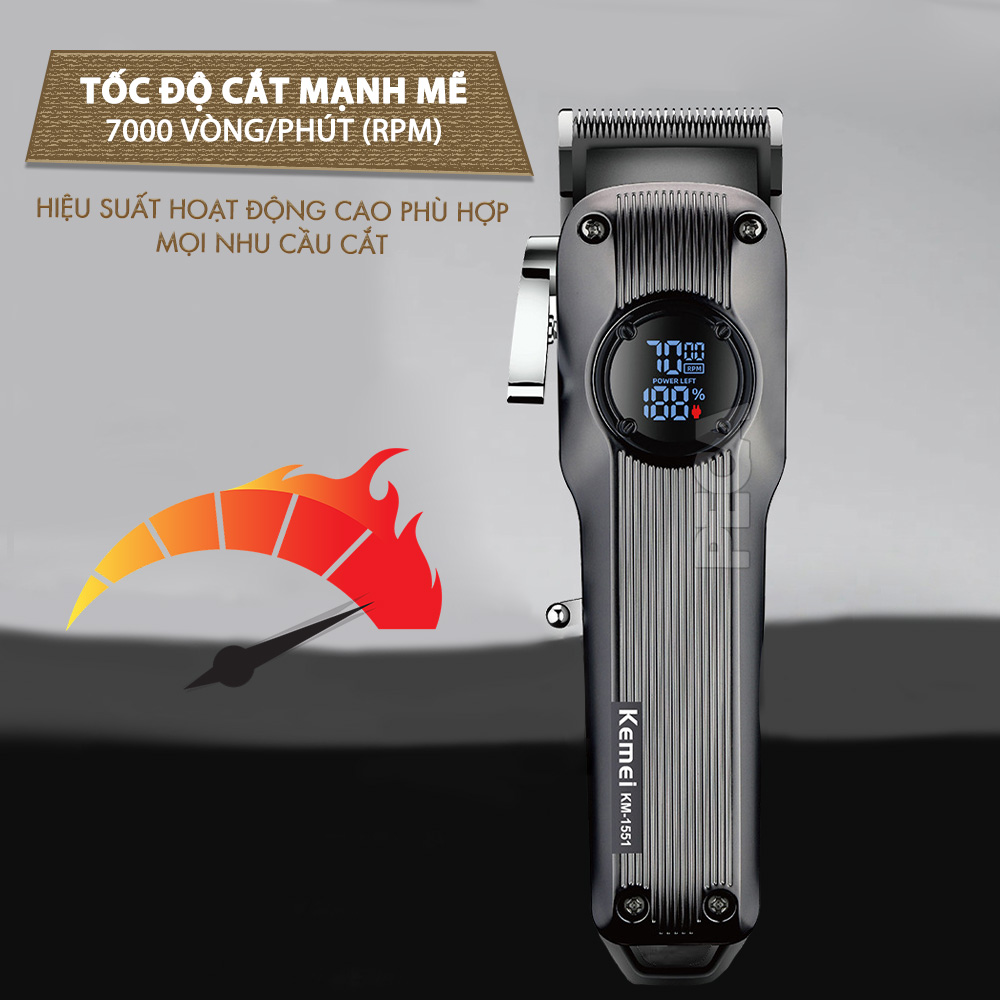 Tông đơ cắt tóc chuyên nghiệp Kemei KM-1551 công suất mạnh 5W màn hình LCD sạc nhanh USB type C tiện lợi - Chính hãng