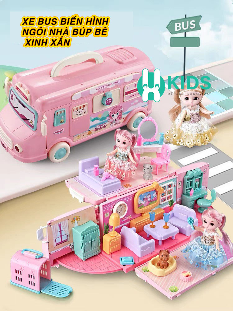 Đồ chơi xe bus màu hồng biến hình thành ngôi nhà búp bê đầy đủ nội thất phụ kiện dễ thương cho bé gái