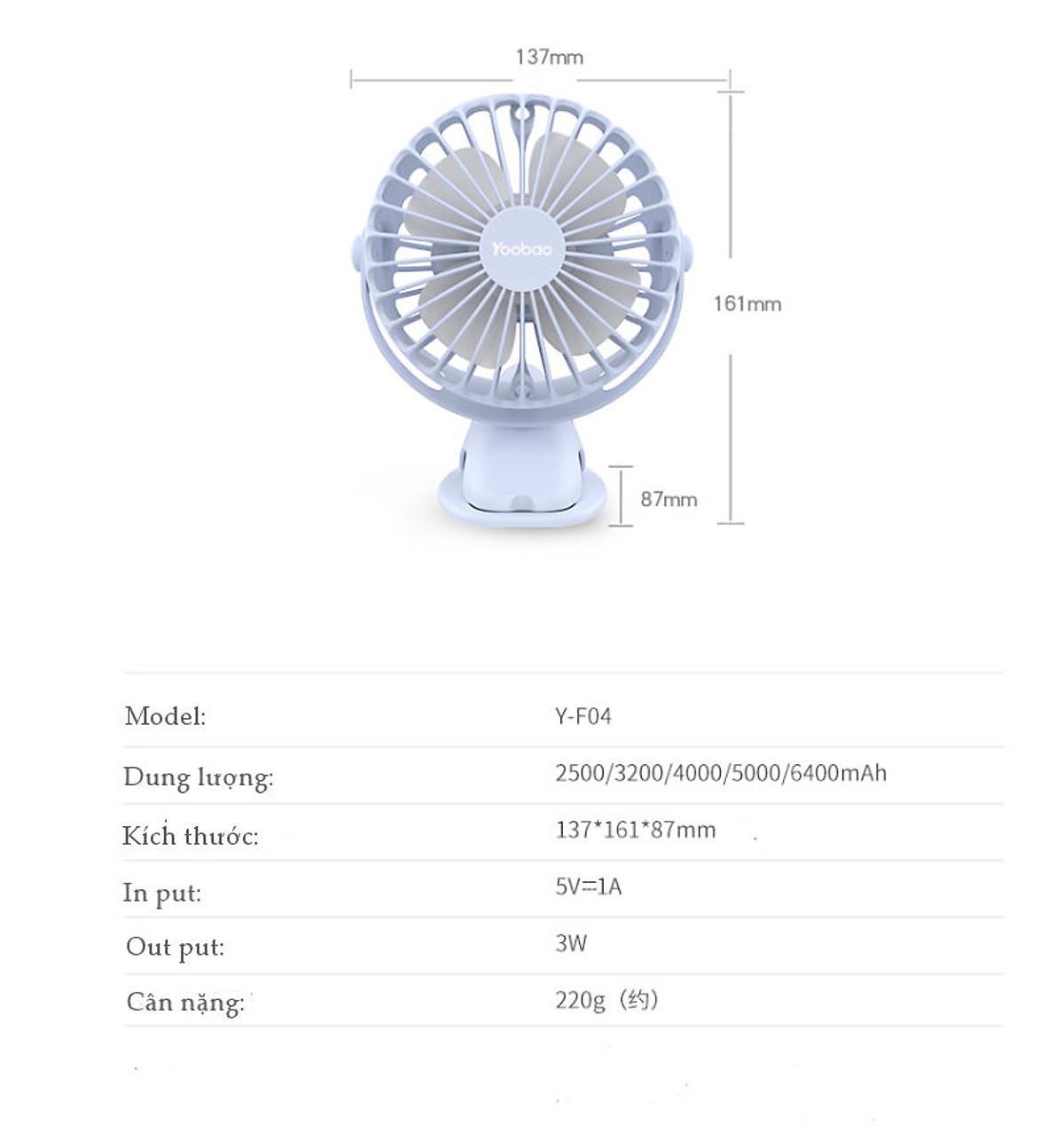 HÀNG CHÍNH HÃNG - Quạt sạc mini F04 Yoobao xoay góc 720 độ, đế kẹp đa năng, an toàn cho trẻ với 4 nấc điều chỉnh gió chính hãng