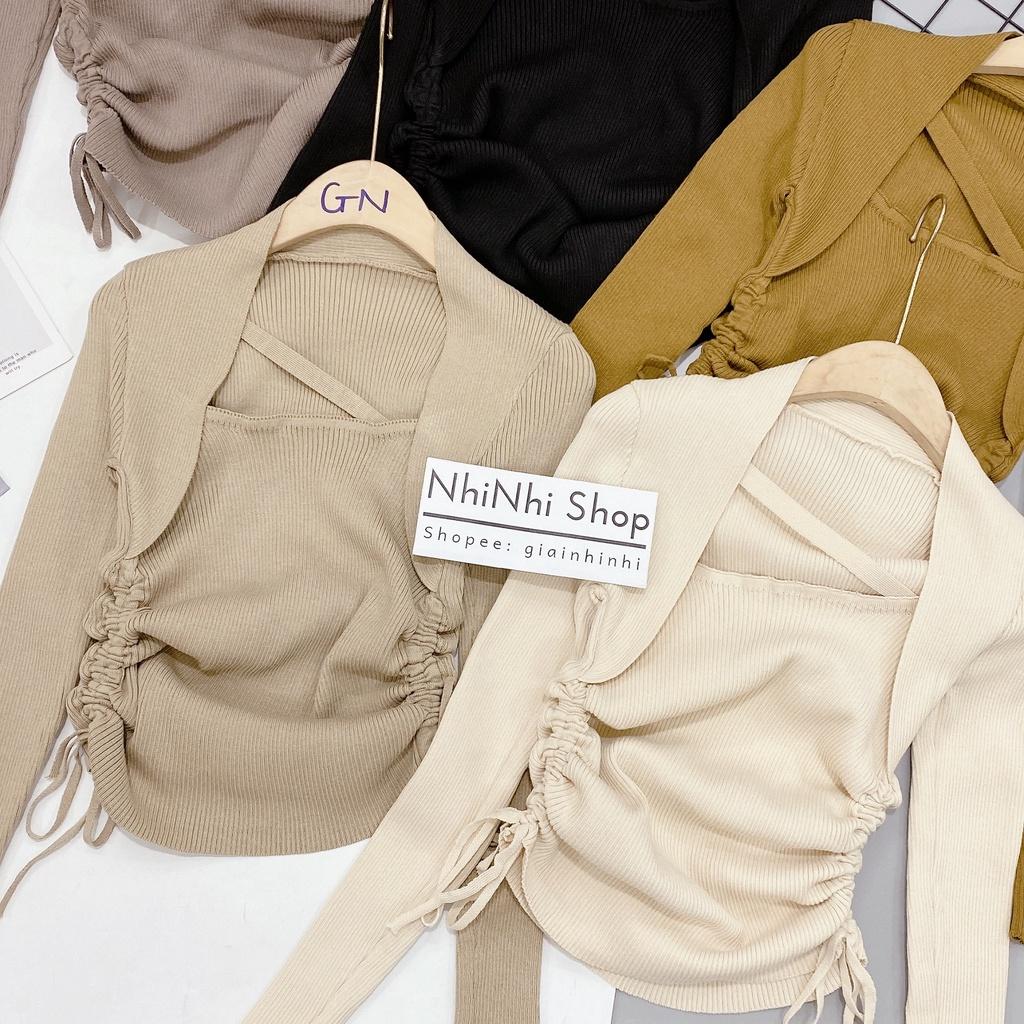 Áo len tăm cổ vuông dây chéo rút dây 2 bên, Áo kiểu dài tay dáng ôm AL1830 - NhiNhi Shop