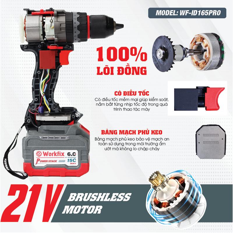 Máy Khoan 3 Chức Năng 165N.m Workfix - WF-ID165PRO - Đầu Kẹp 13mm Auto Lock - Anti Kickback - Có Tạo Xung Vô Cấp - Tính Năng Eco-Tubo  - Brushless Motor - Chân Pin Phổ Thông - 2 Pin 15 Cell - Có Tay Cầm Trợ Lực