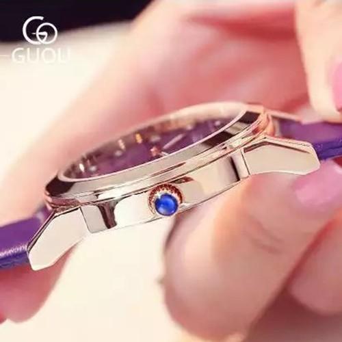 Đồng hồ nữ đeo tay dây da Guou viền mạ vàng chính hãng chống nước tuyệt đối 8086
