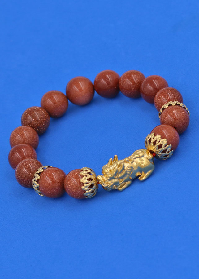 Chuỗi đeo tay Đá Kim Sa 12 ly - cẩn Tỳ Hưu Phong Thủy inox vàng Chiêu Tài Lộc VKSTHBKV12 - Vòng tay, lắc tay phong thủy