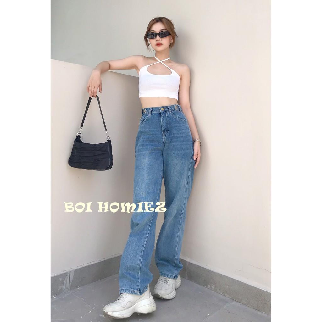 Quần Jeans nữ ống rộng Simple Jeans lưng cao dáng suông cao cấp, unisex ( MÀU ĐẬM )