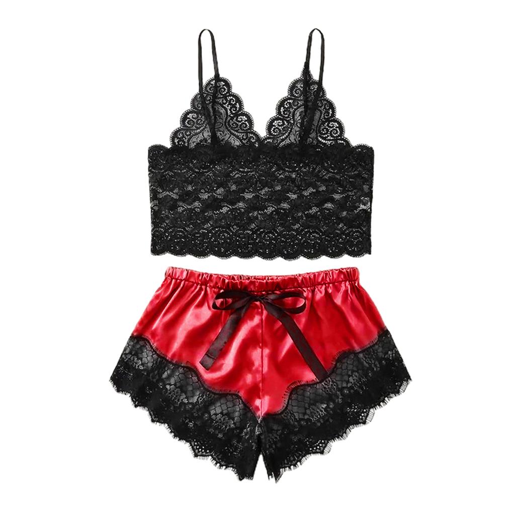 Women Sexy Lace Vest Crop Tops Panty Lingerie Sleepwear Red S