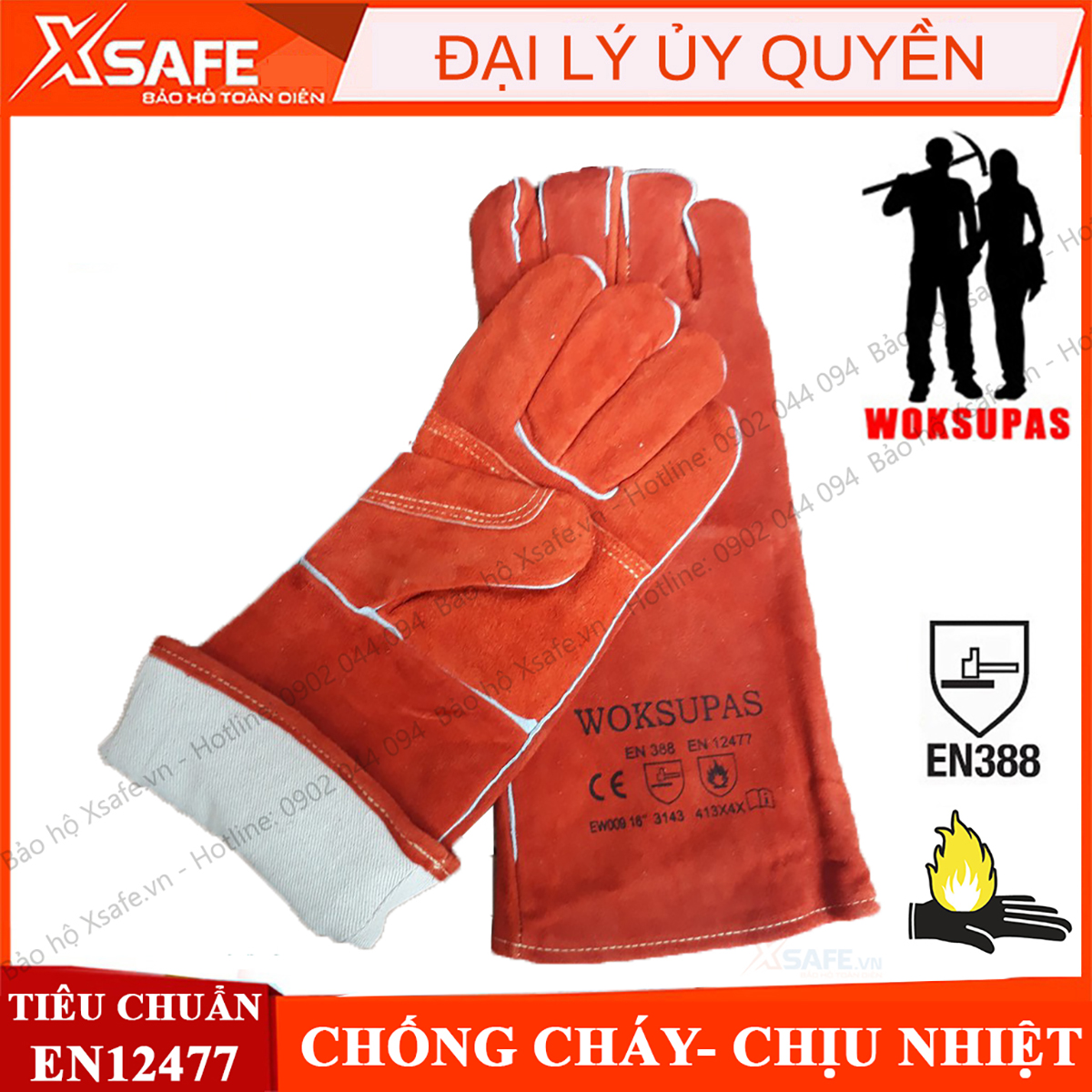 Găng tay da hàn Woksupas EW009 Bao tay hàn da bò, chống cháy, chịu nhiệt, tia lửa văng bắn, lớp lót cotton chống hầm bí