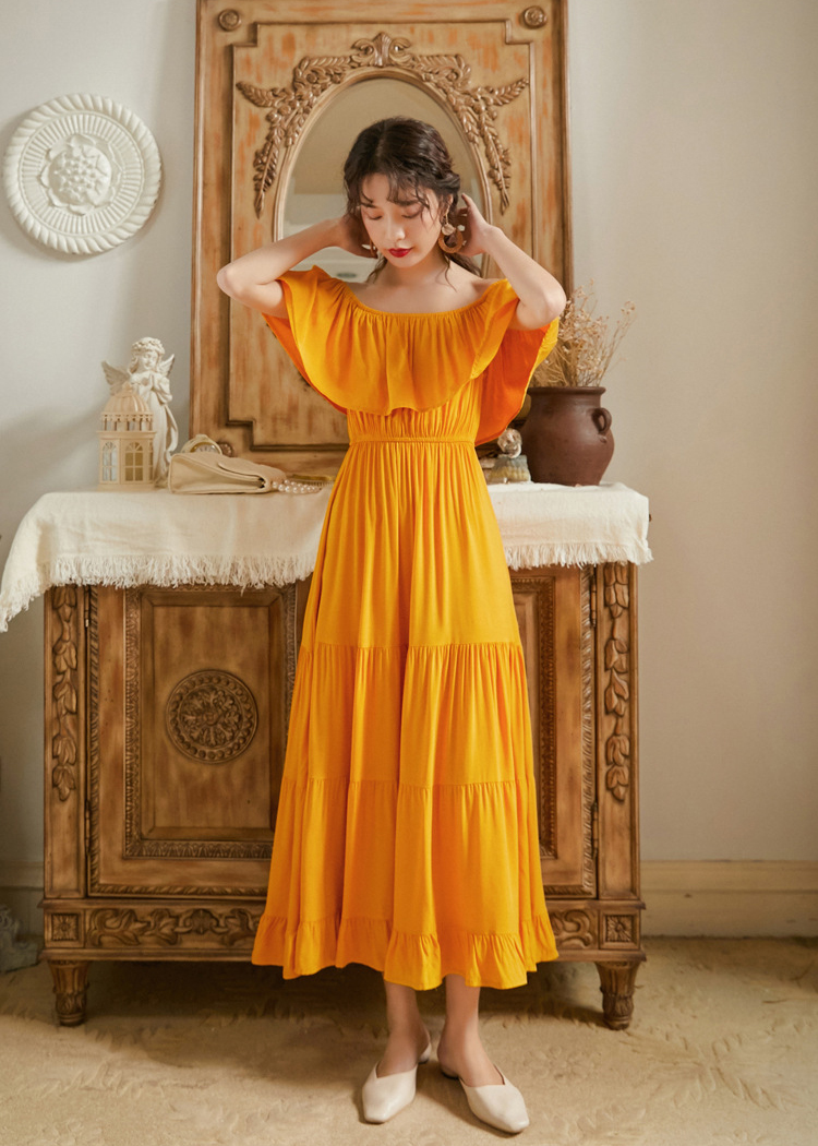 Đầm maxi trần vai tay bèo rộng, chất cotton mềm mại, thoáng mát, dáng dài dễ mặc, bầu bí có thể mặc | MX060