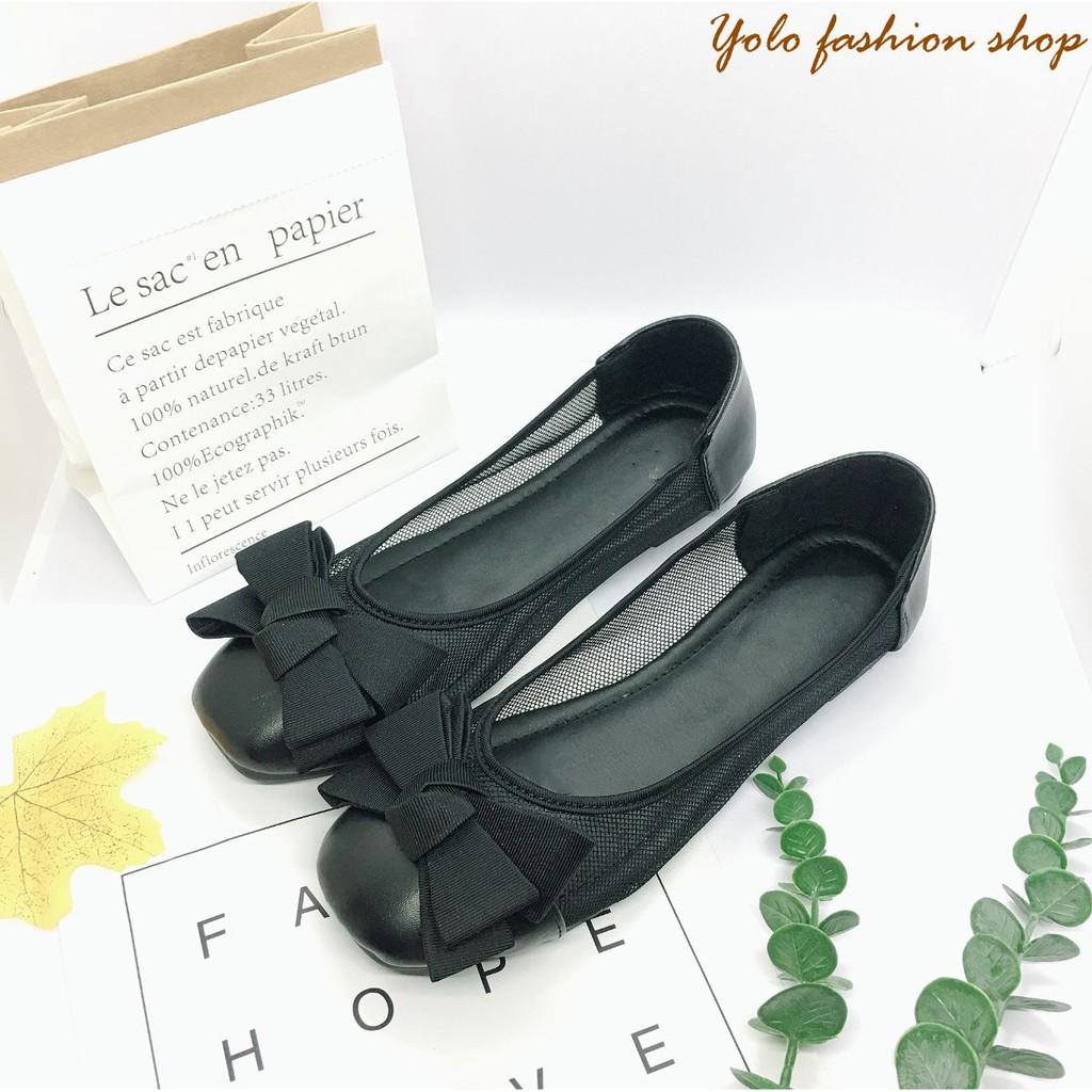 Hình thật-B11-Giày bệt búp bê nữ thoáng khí đính nơ phồng xinh xắn