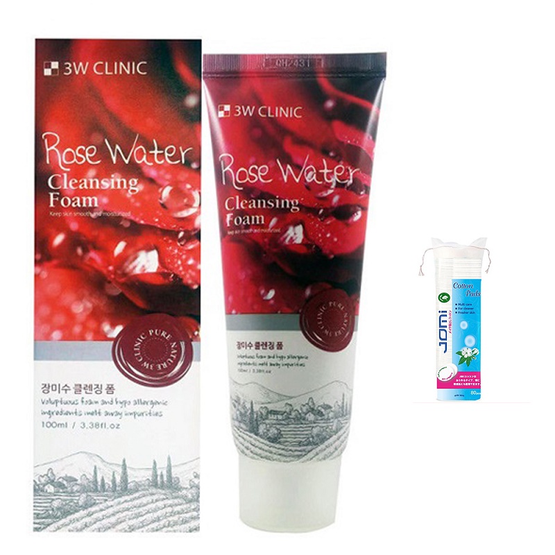 Sữa Rửa Mặt 3W CLINIC ROSE WATER Chiết Xuất Hoa Hồng + Tặng Kèm Bông Tẩy Trang JOMI Nhật 80 Miếng