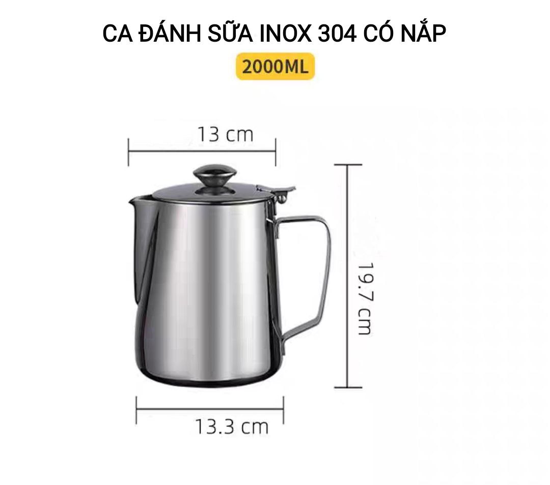 CA INOX 304 CA ĐÁNH SỮA CÓ NẮP ĐẬY NHIỀU SIZE CAO CẤP MILK PITCHER INOX 304