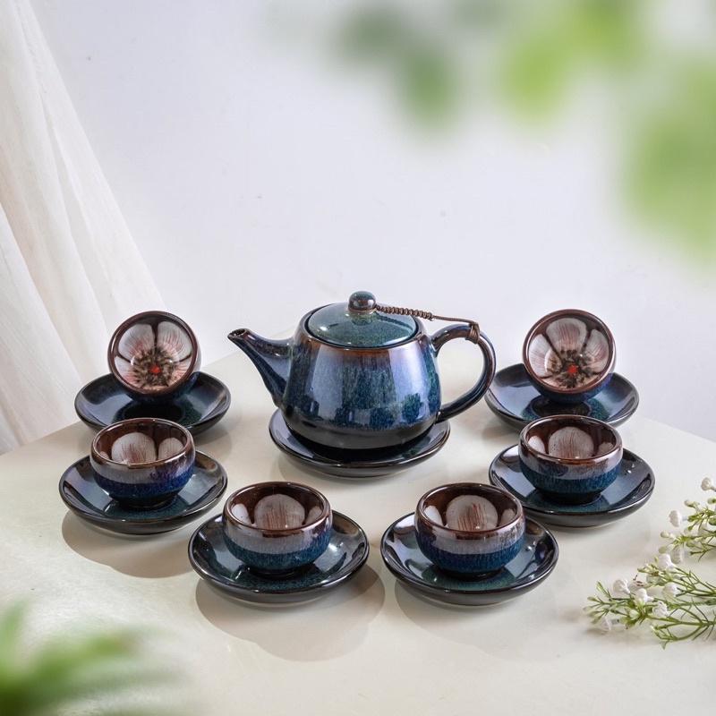 Bộ ấm chén lòng hoa, men hỏa biến. Gốm sứ Bát Tràng.