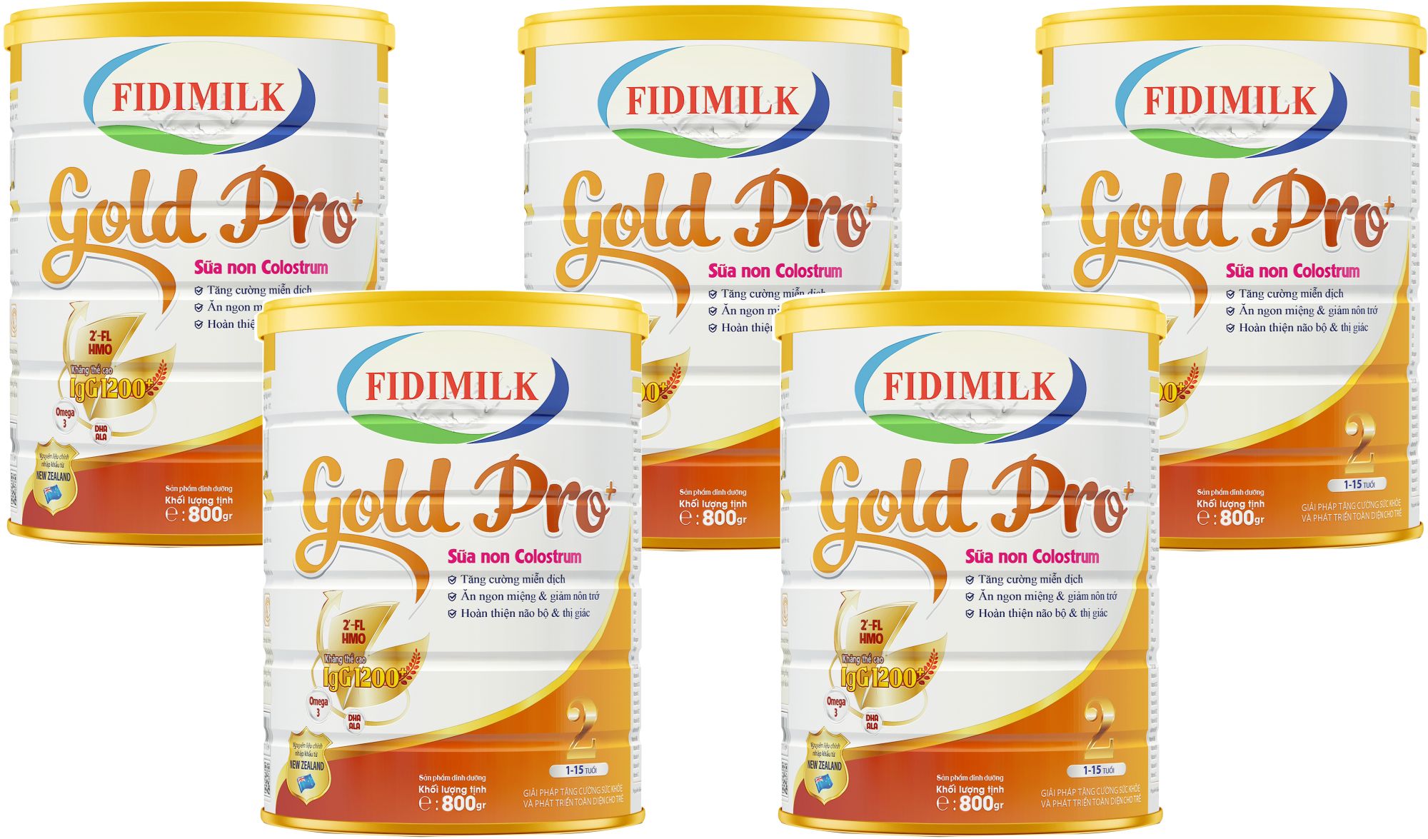 Combo 5 lon Sữa công thức FIDIMILK GOLD PRO +2 lon 800g - Dinh dưỡng phát triển toàn diện, chứa sữa non Colostrum dành cho Bé 1-15 tuổi.