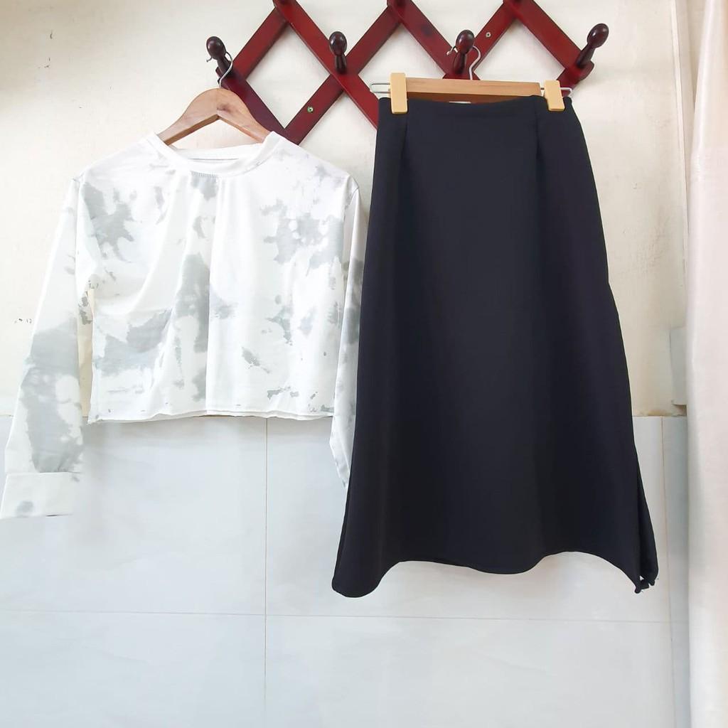 Set váy đen xẻ phối áo tay dài loang màu năng động, SET VÁY XẺ ÁO LOANG