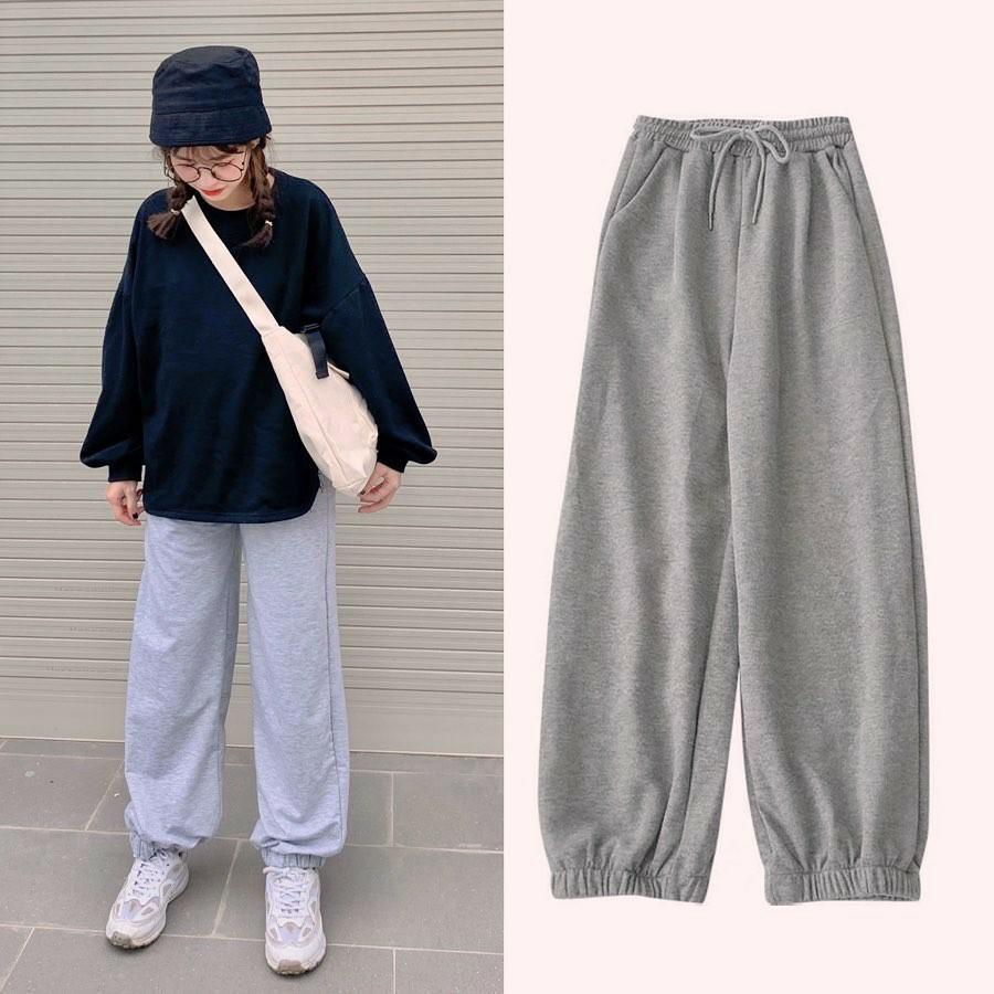 Quần ống rộng dáng jogger nữ trơn bo gấu chất da cá