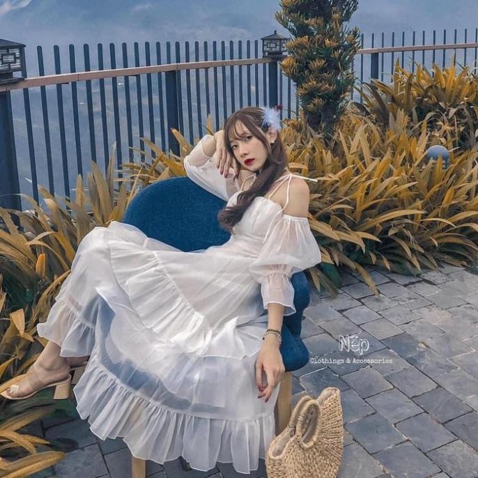 Đầm váy Maxi trắng tầng voan lót lụa rớt vai trễ vai tay dài cúp ngực đi biển dự tiệc dạo phố bigsize gợi cảm sexy