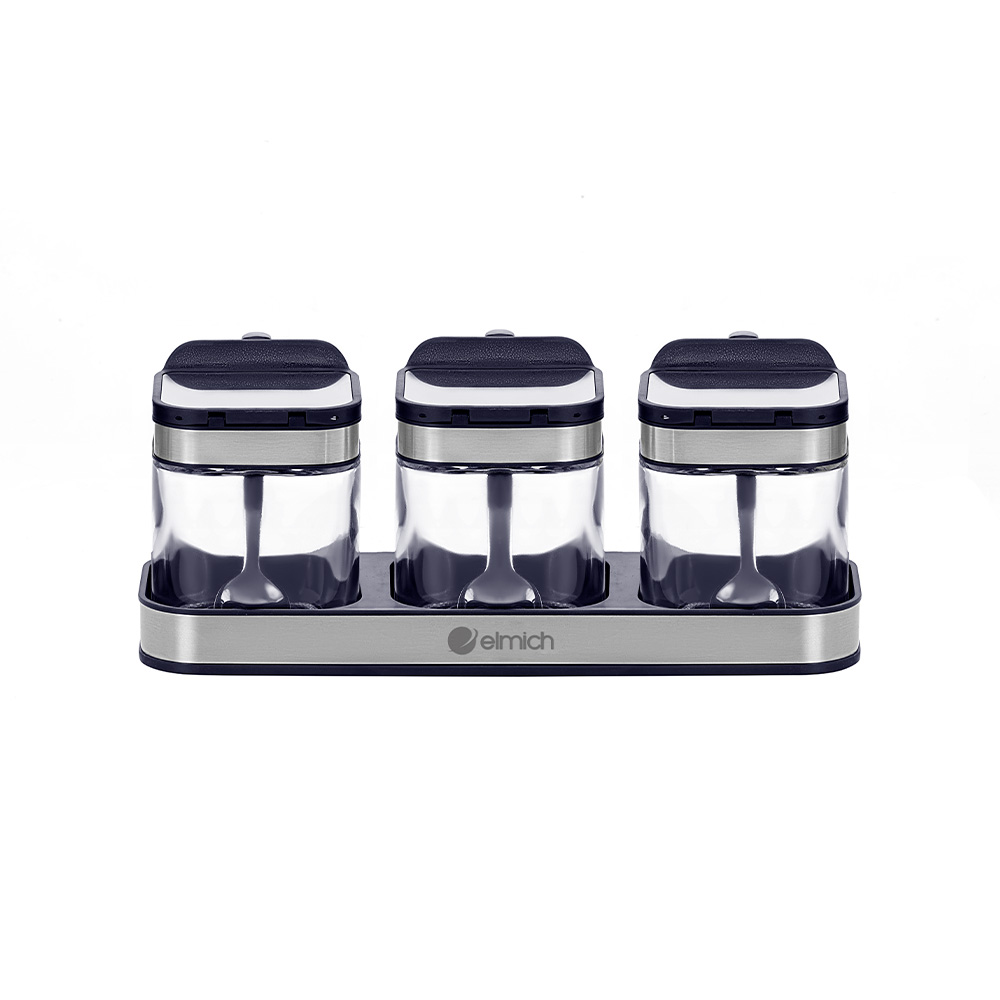 Bộ 3 Hộp Đựng Gia Vị Thuỷ Tinh Elmich EL1280, Hàng Chính Hãng, Giá Đỡ Bọc Inox, Kèm Muỗng - JoyMall