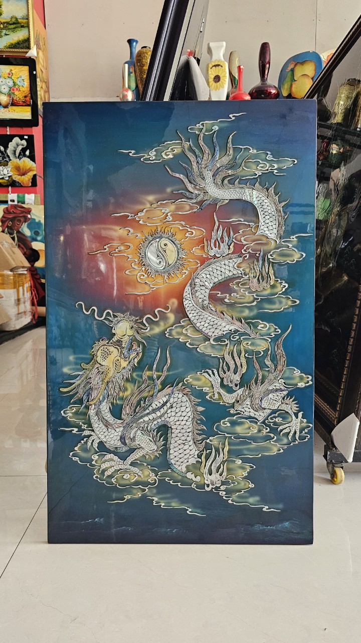 Tranh sơn mài Khảm cừ rồng cưỡi mây cực kỳ tinh xảo size 48x79.5 cm