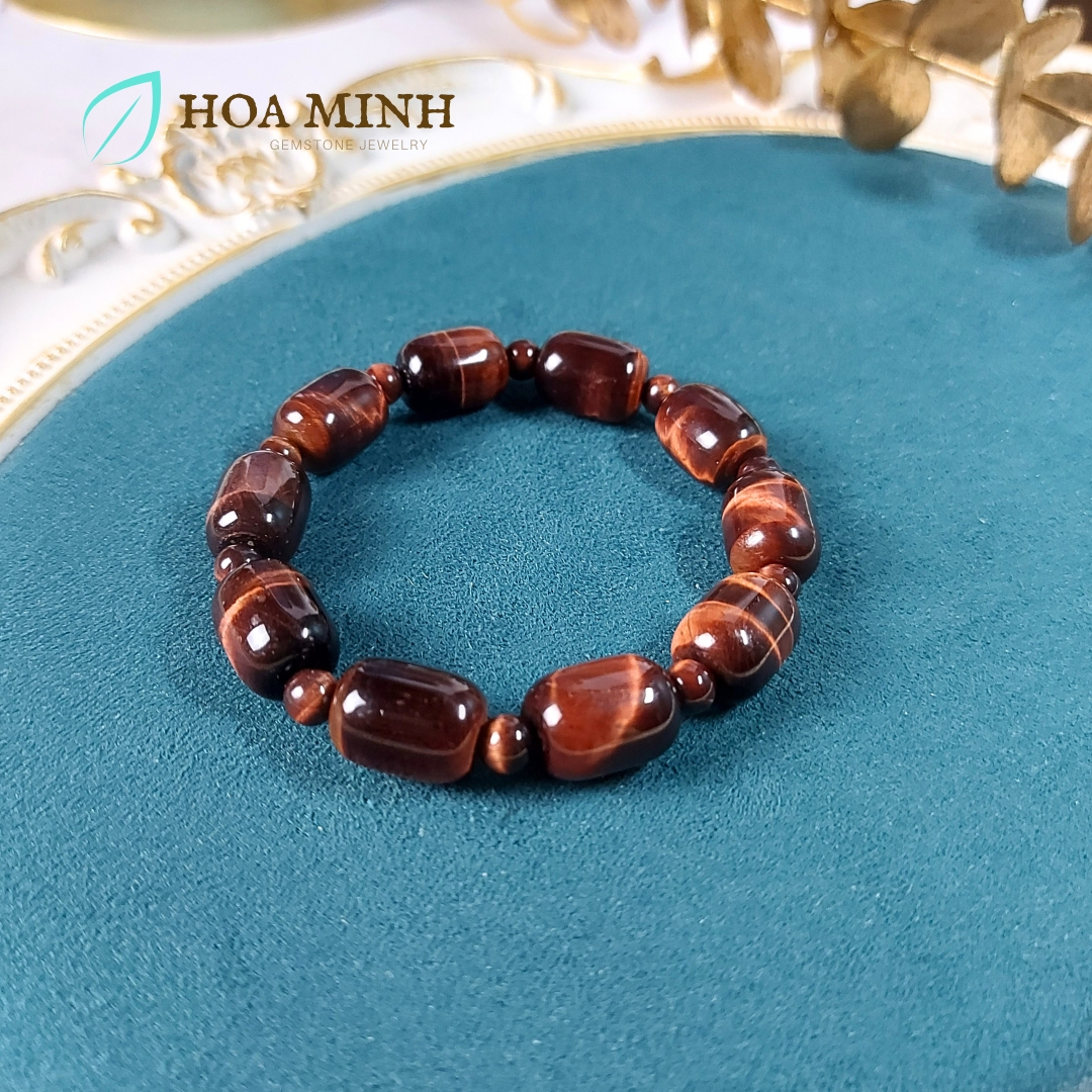 Vòng tay đá Mắt Hổ tự nhiên đỏ nâu kiểu lu thống size 12x16mm phối xen kẽ viên tròn hợp mệnh Hỏa Thổ
