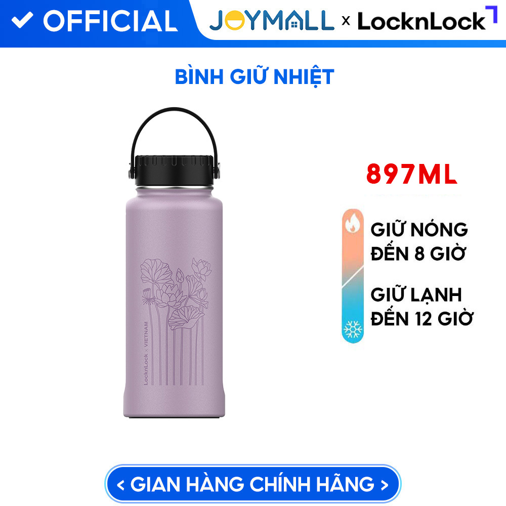 Bình giữ nhiệt Lock&amp;Lock x Việt Nam phiên bản đặc biệt 897ml LHC4160 kèm cọ rửa và ống hút đầu Silicone - JoyMall - Hồng tím - Hoa sen