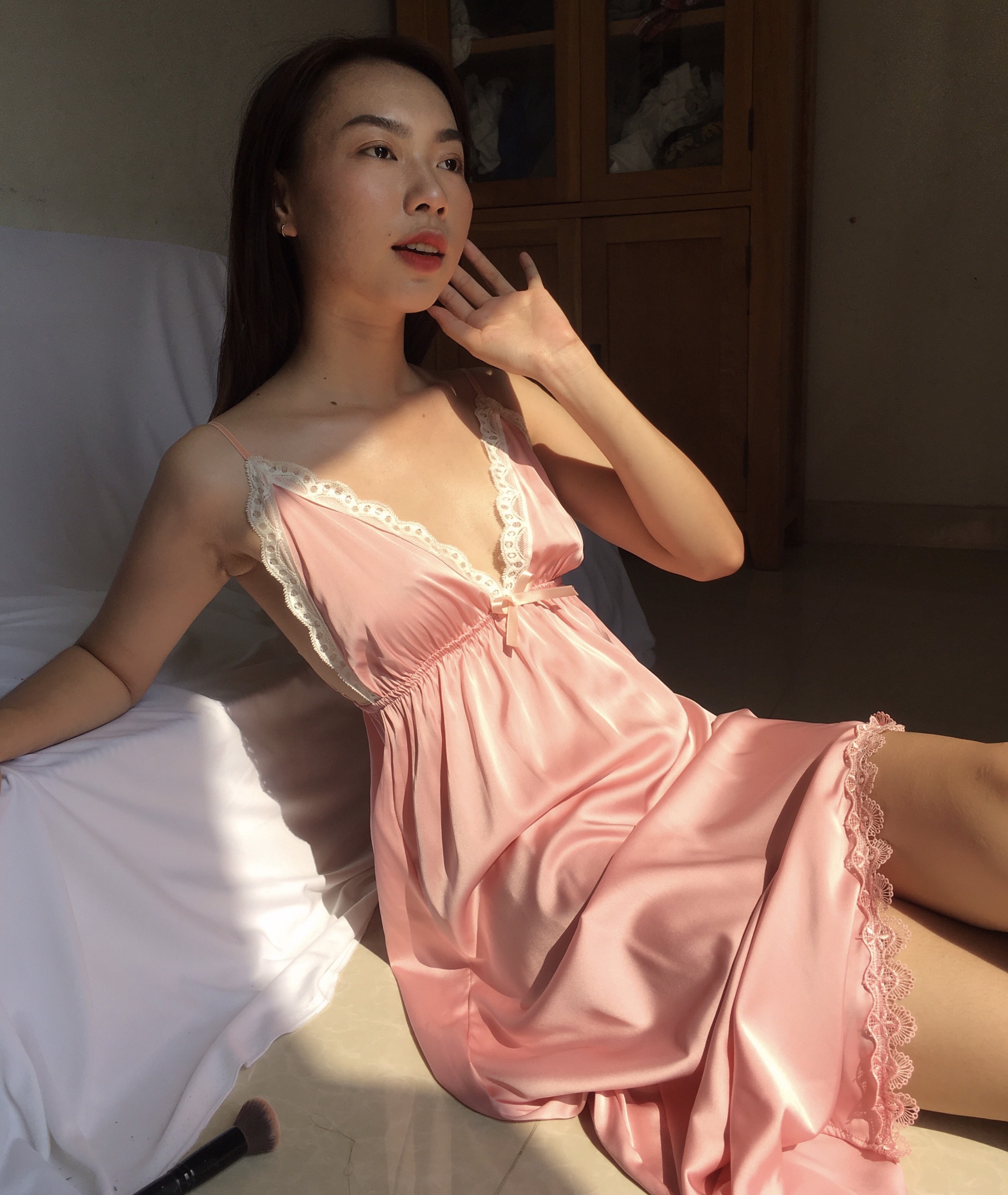 Váy ngủ lụa Rosi dáng dài phối ren sang trọng-Màu hồng