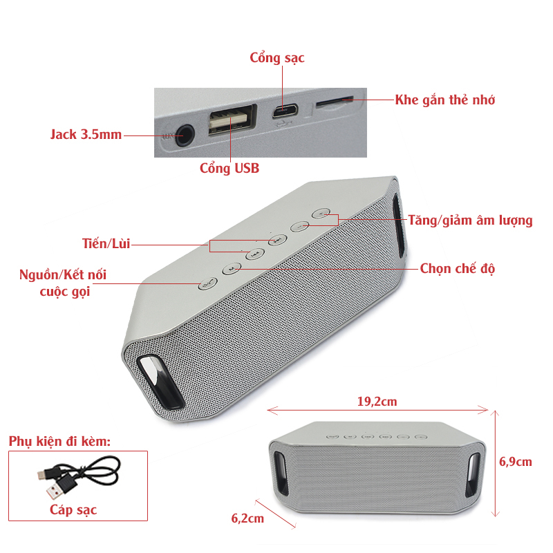 Loa Bluetooth Mini Không Dây Di Động S204 - Công suất 10W | Nghe nhạc 5-8 giờ | 2 Loa Treble + 1 Loa Bass | Âm thanh chất lượng cao | Hỗ trợ Jack 3.5mm, USB, Thẻ nhớ, FM (Nhiều màu
