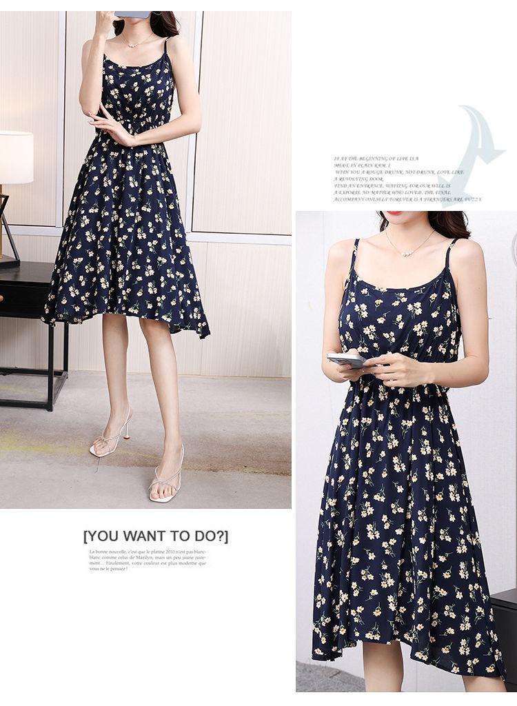 DONGSHOP Mùa hè 2023 Hàn Quốc phiên bản có thể điều chỉnh treo vest đầm mỏng mỏng trung bình dài hoa bãi biển váy