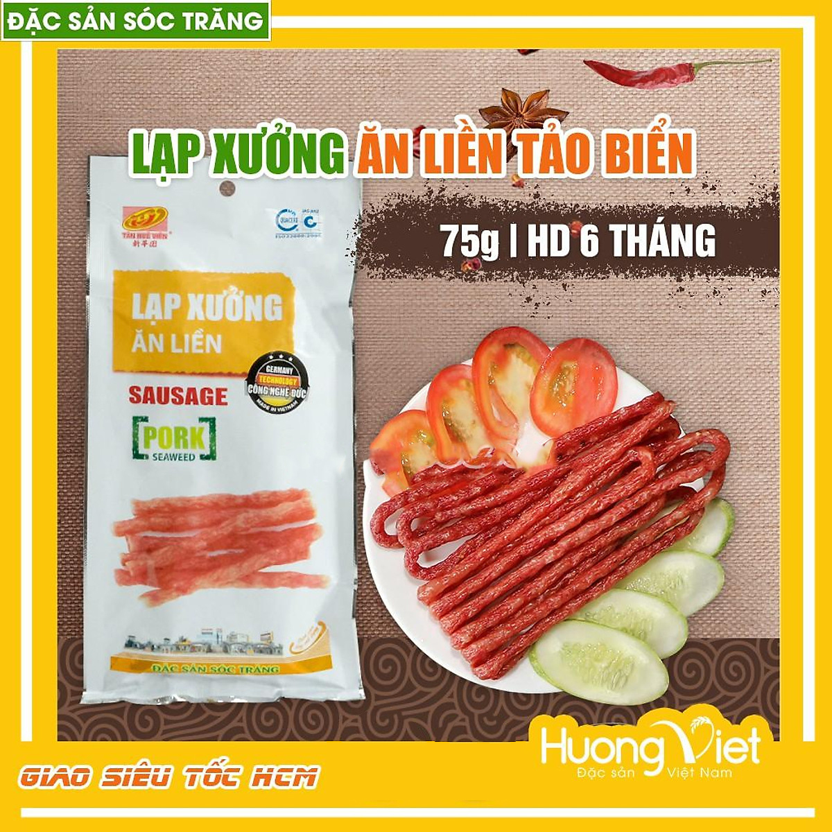 Đặc Sản Sóc Trăng - Lạp Xưởng Ăn Liền Tân Huê Viên Túi 75G, Lạp Xưởng Ăn Ngay Không Cần Chế Biến, Lạp Xưởng Sóc Trăng, Ăn Vặt Sài Gòn