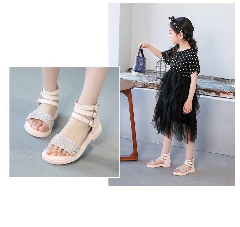 Sandal bé gái 3 - 12 tuổi quai ngang da mềm nạm kim sa duyên dáng SG29