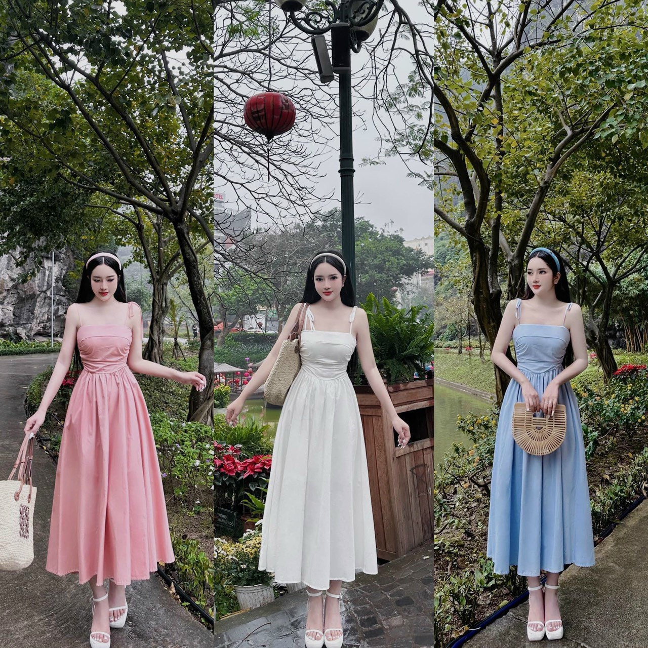 ĐẦM 2 DÂY CỘT NƠ( CÓ MÚT NGỰC) MOCKING THÂN SAU  3 MÀU Y HÌNH