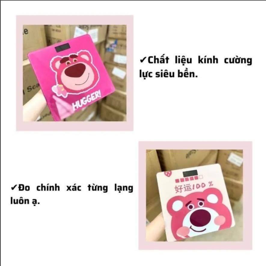 Cân điện tử sức khoẻ hình gấu hồng cute- Cân hình gấu dâu LOSTO theo dõi cân nặng gia đình độ chính xác cao tặng kèm Pin