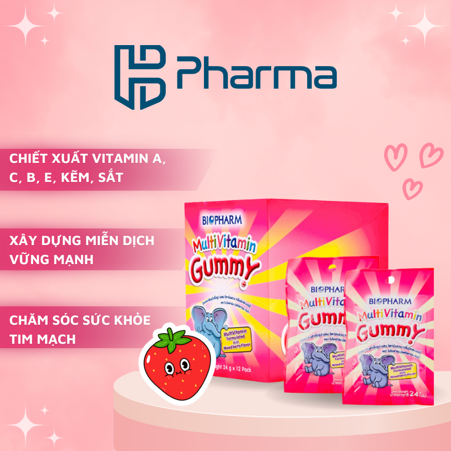 Kẹo dẻo Vitamin cho bé Gummy Biopharm - Hộp 12 gói (Mua 1 hộp, tặng 2 gói vị ngẫu nhiên)