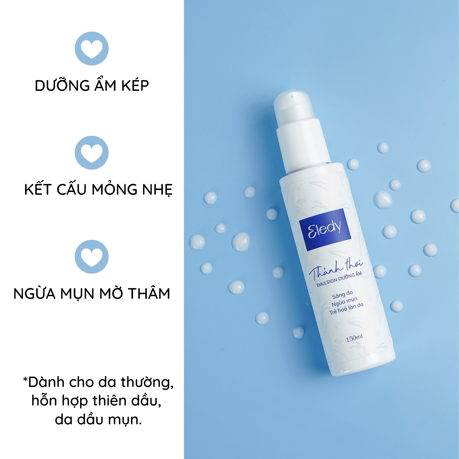 Emulsion dưỡng ẩm Thảnh Thơi ELEDY - Dưỡng ẩm, sáng da ngừa mụn, trẻ hóa làn da 150ml