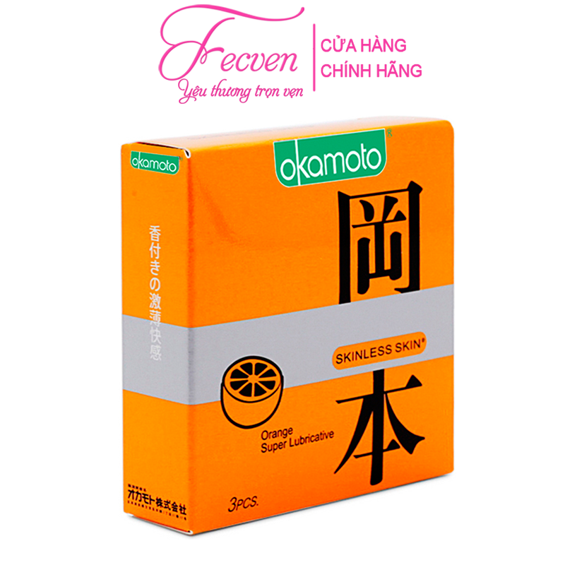 Bao Cao su Okamoto Skinless Skin Orange Lubricated Hương Cam Hộp 3 Chiếc Nhật Bản