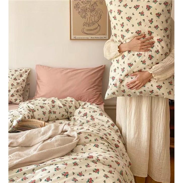 Bộ Chăn Ga Gối Cotton Living 100% Cotton Hàng nhập Khẩu Cao Cấp 4 Món Hoa Nhí Vintage