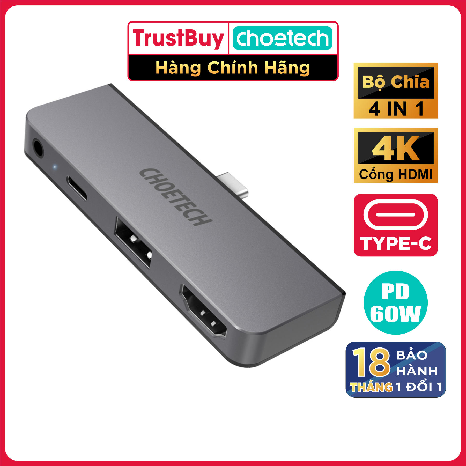 Hub Chuyển Đổi Type C to HDMI 4K 60Hz, Type C PD 60W, USB 2.0, AUX 3.5mm (4 In 1) CHOETECH HUB-M13 - Hàng Chính Hãng