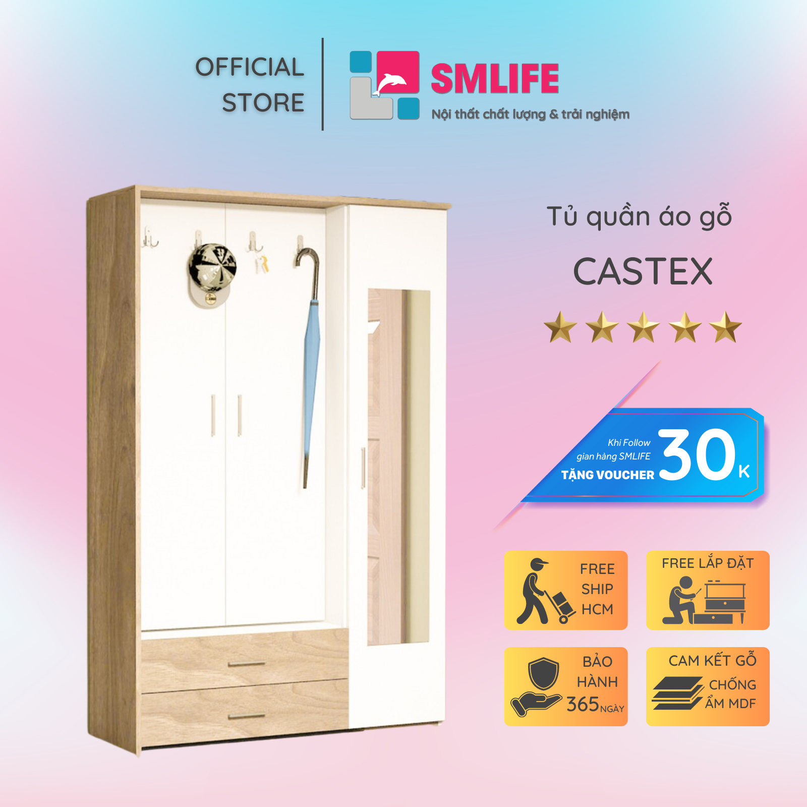 Tủ quần áo gỗ hiện đại SMLIFE Castex | Gỗ MDF dày 17mm chống ẩm | D120xR45xC184cm