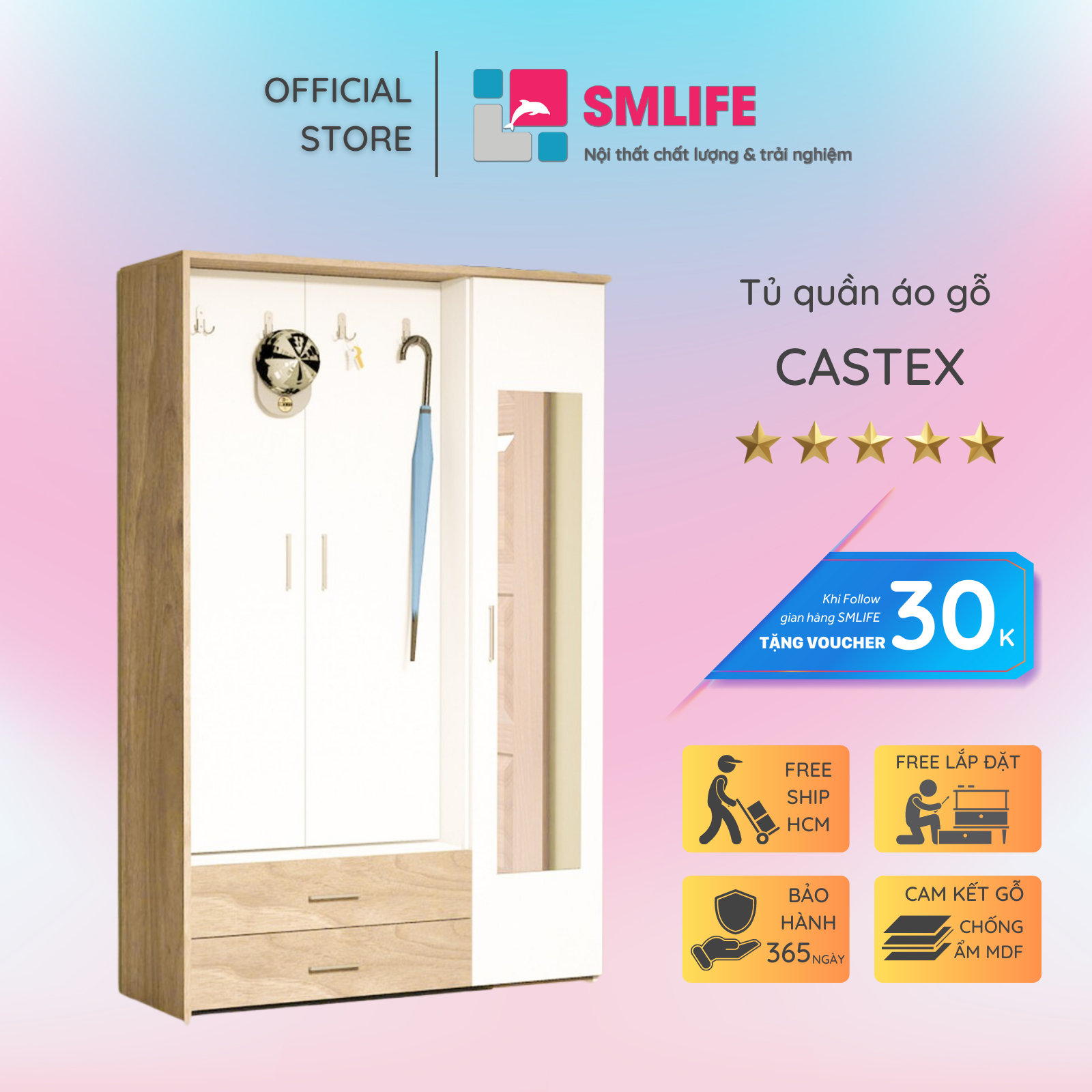 Tủ quần áo 3 cánh 3 ngăn hiện đại SMLIFE Castex