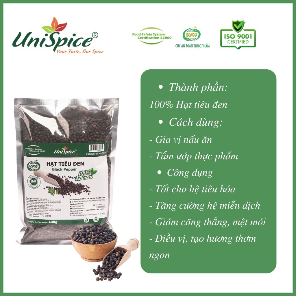 Hạt tiêu đen Túi 400gr- Hạt tiêu Unspice. Gia vị tự nhiên đảm bảo chất lượng