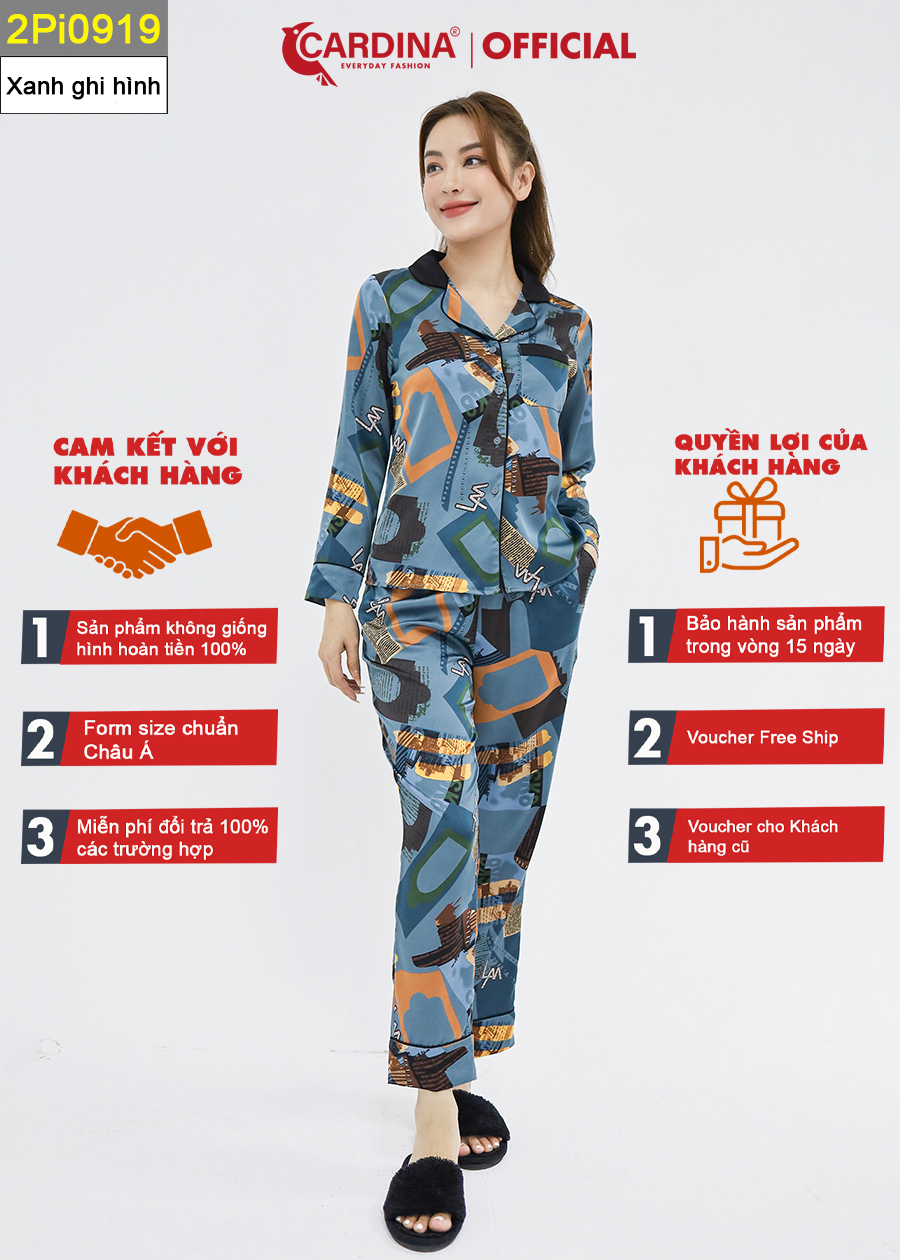 Đồ Bộ Nữ CARDINA Pijama Chất Lụa Satin Nhật Cao Cấp Quần Dài Áo Tay Lỡ Họa Tiết 2Pi09